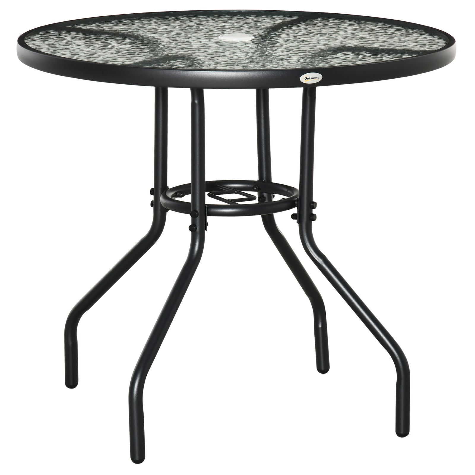 Outdoor φ80cm Round Dining Table Tempered Glass Top Steel Frame Bistro Coffee End Side Table Garden w/ Parasol Hole