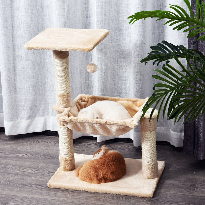 PawHut 70cm 2-Tier Cat Tree with Hammock Bed, Natural Sisal Scratching Post & Dangle Toy, Pet Scratch Stand | Aosom UK