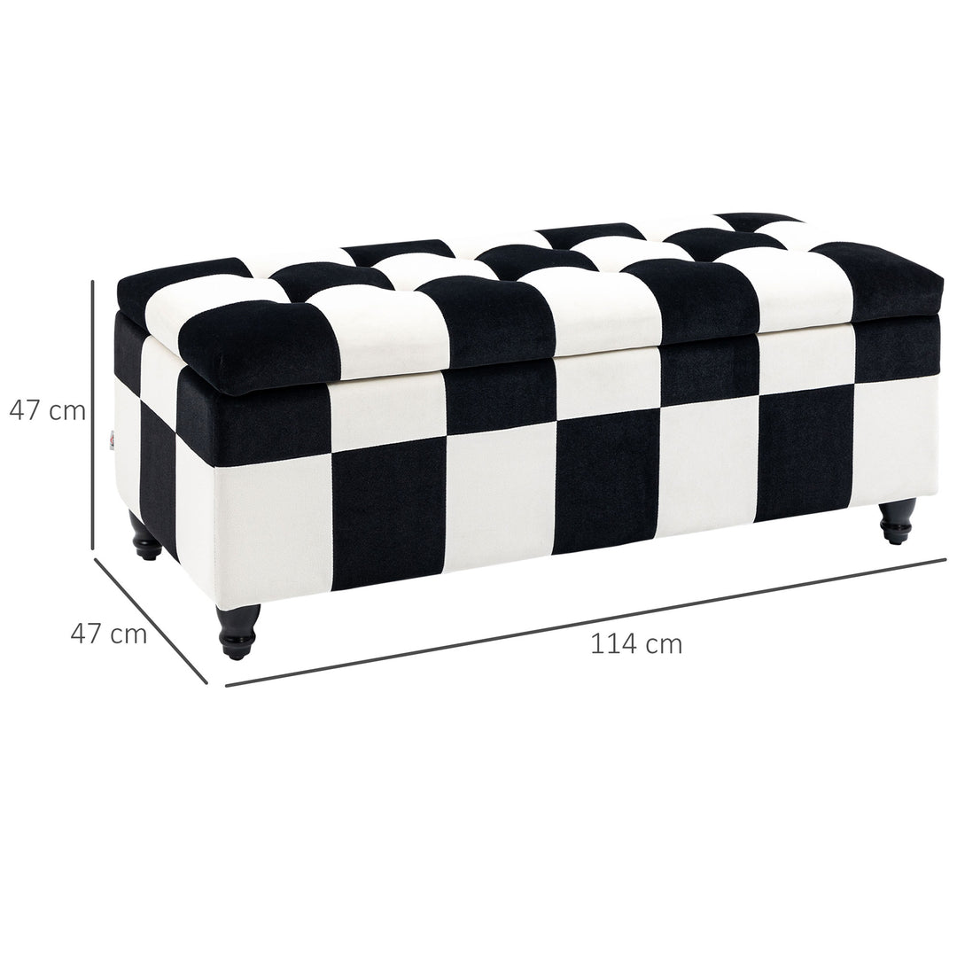 HOMCOM 114 x 47 x 47cm Velvet Storage Ottoman, Button-tufted Footstool Box, Toy Chest with Lid for Living Room, Bedroom, White and Black | Aosom UK