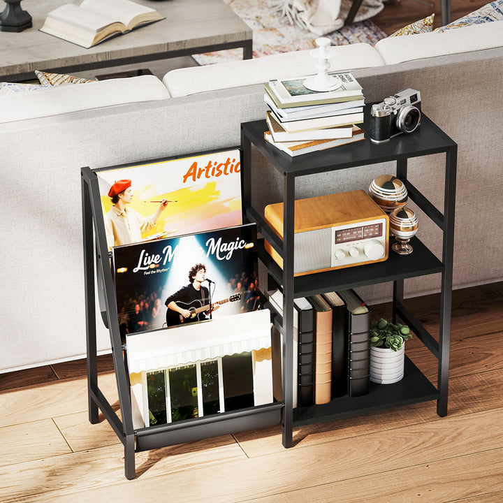3-Tier Record Player Stand, End Table for Living Room, Bedroom - Black Wood Effect