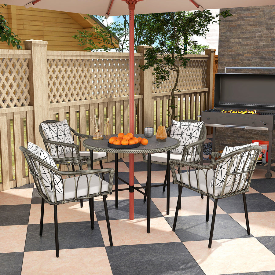 5 Piece Patio Rattan Dining Set, Wicker Garden Table and Chairs w/ Removable Seat & Back Cushions, Round Tempered Glass Tabletop, Parasol Hole, Outdoor Furniture Conservatory Set, Grey