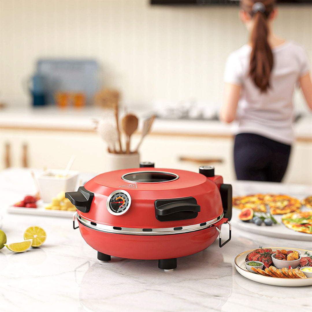1200W Pizza Oven, 12 Inch Electric Pizza Maker with Viewing Window, Dual Knob Temp & Timer Control, Overheat Protection, Red