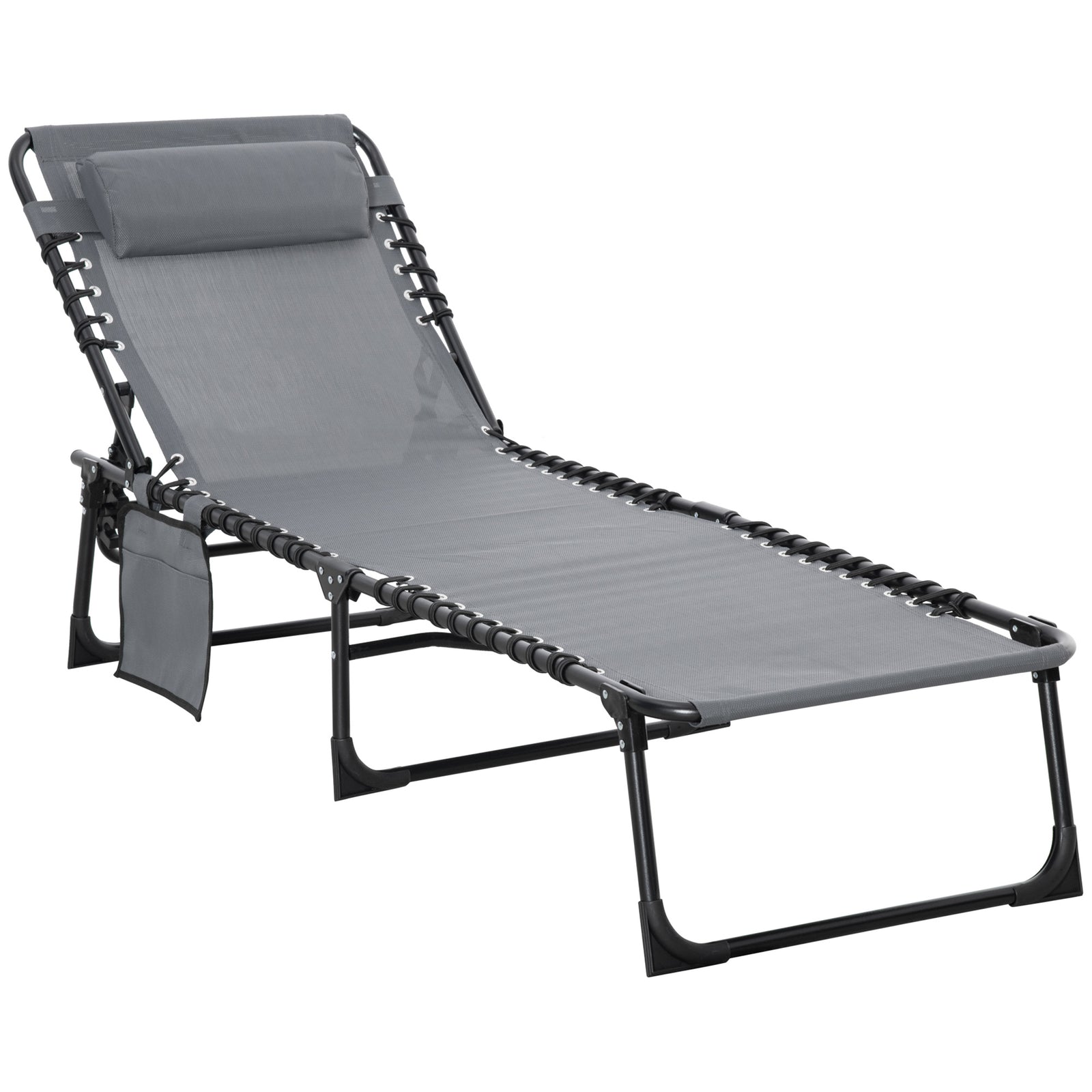 Portable Sun Lounger, Folding Camping Bed Cot, Reclining Lounge Chair 5-position Adjustable Backrest with Side Pocket, Pillow for Patio Garden Beach Pool, Grey