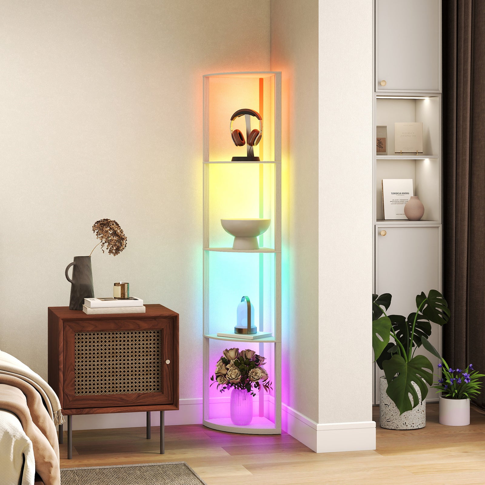 RGB LED Floor Lamp with Shelves, 5-Tier Dimmable Standing Lamp with Adjustable Brightness and Remote Control, Modern Corner Display Shelf Unit for Living Room Bedroom Office, Oak
