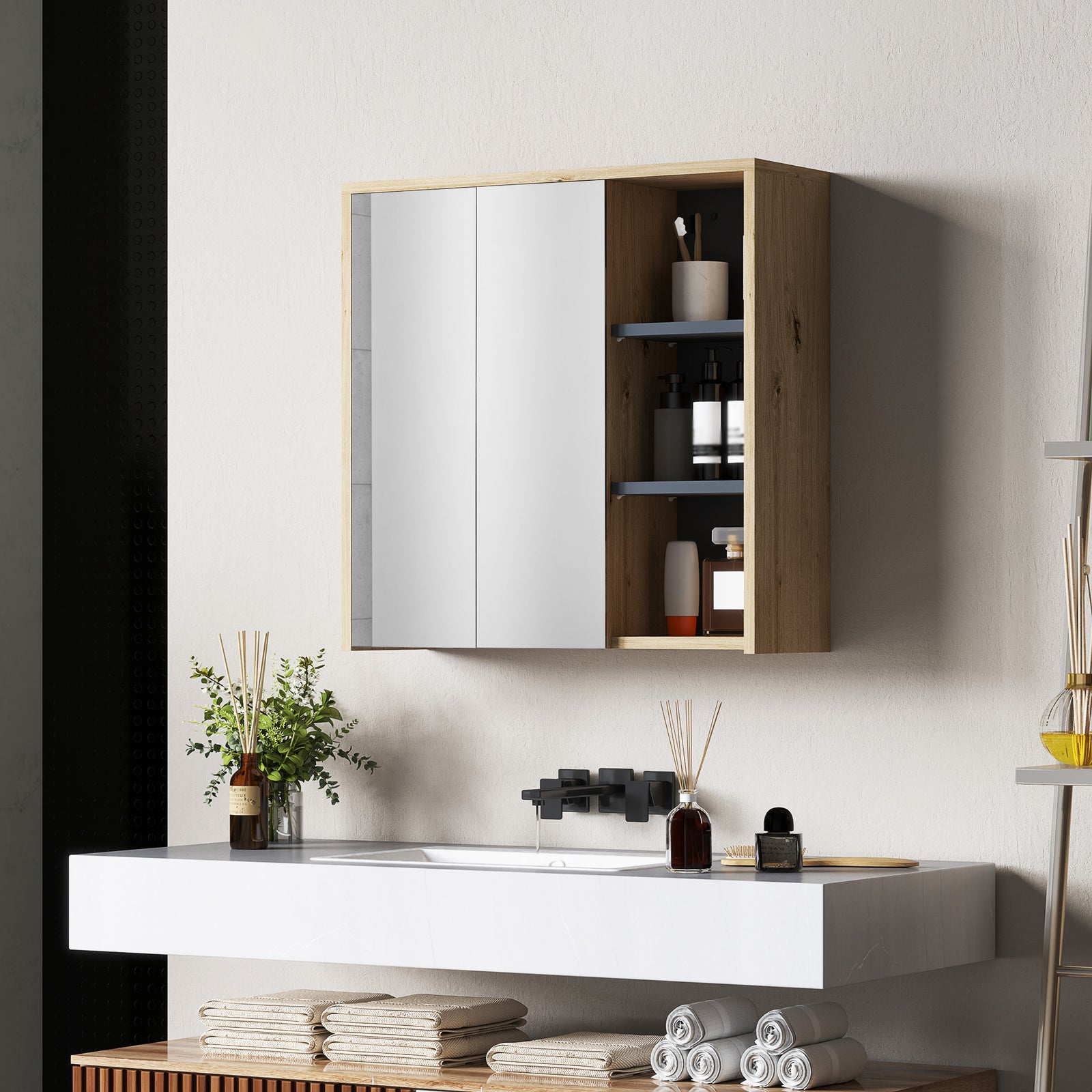Five-Shelf Mirrored Bathroom Cabinet - Wood-Effect