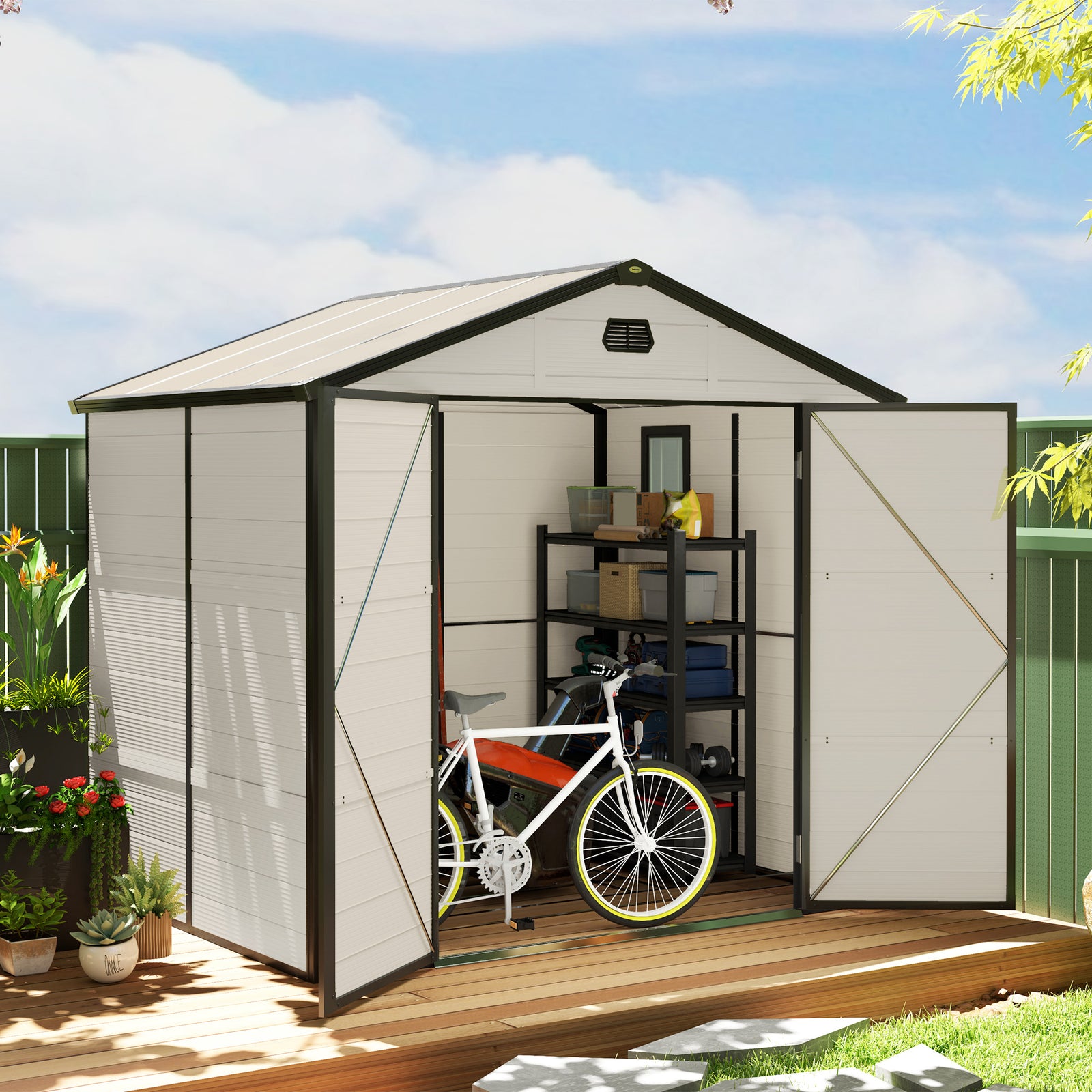7.9ft x 6.2ft Aluminium Frame and Plastic Wall Shed, with Foundation - Cream White