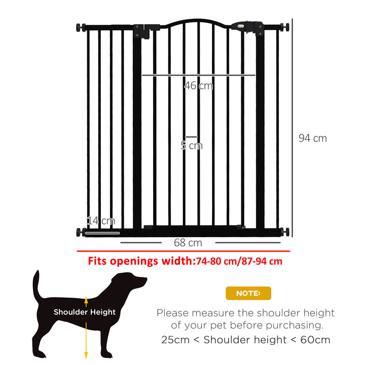 PawHut Adjustable Safety Barrier, Metal Pet Gate with Auto-Lock & No-Drill Installation, for Doorways & Stairways, 74-94cm, Black | Aosom UK