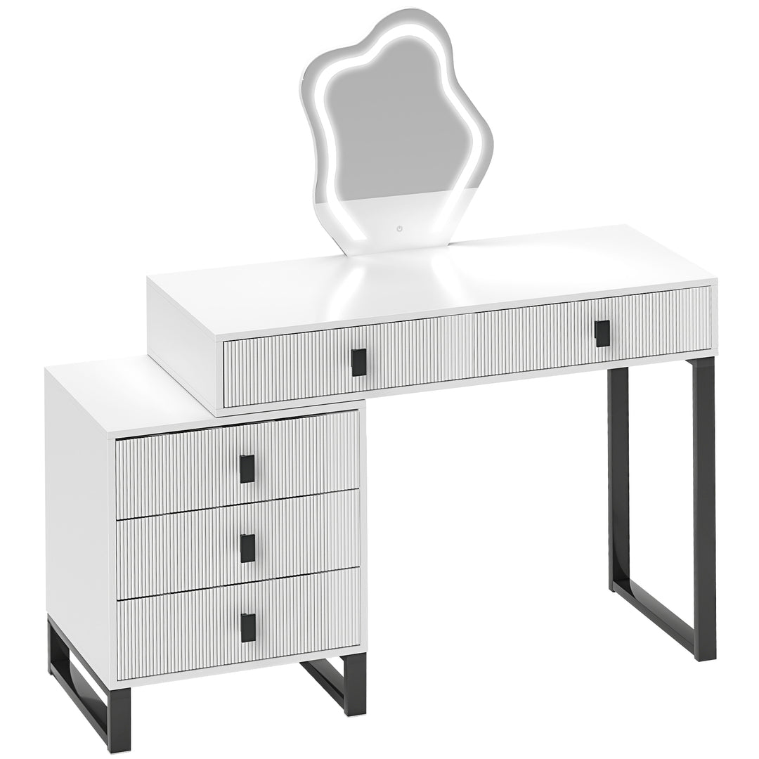 LED Lighted Dressing Table with Leaf Shape Mirror, Modern Vanity Desk with 5 Drawers, Makeup Desk with Fluted Panels, White