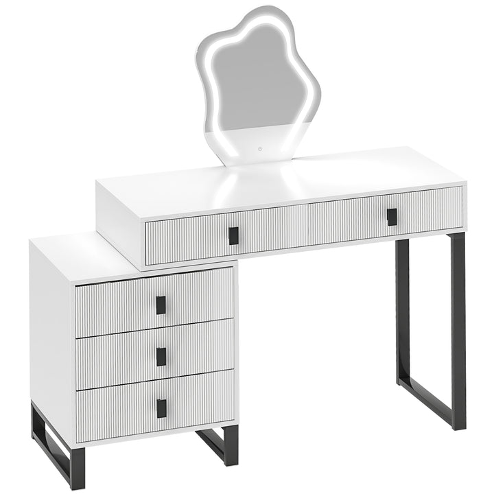 LED Lighted Dressing Table with Leaf Shape Mirror, Modern Vanity Desk with 5 Drawers, Makeup Desk with Fluted Panels, White