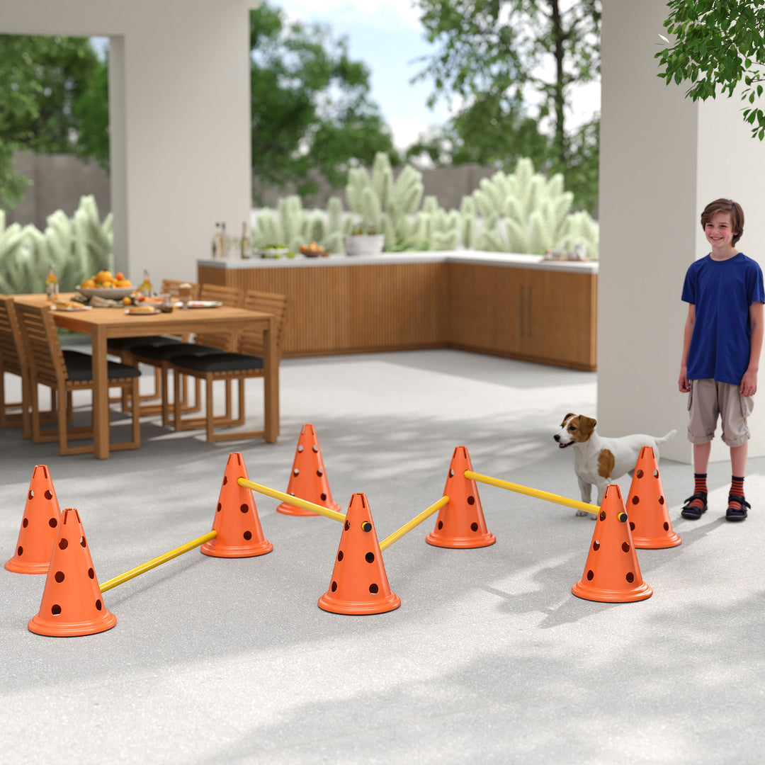 Dog Agility Equipment Set of Eight Cones, Eight Poles w/ Carry Bag, Four-Piece Adjustable Height Jumping Obstacles