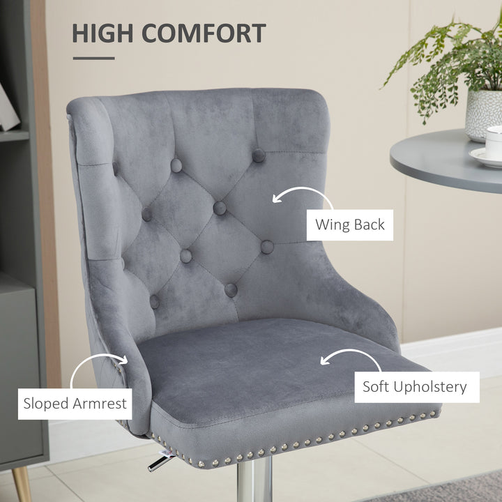 Bar Stools Set of 2, Modern Swivel & Adjustable Velvet Barstools with Button Tufted Back, Footrest, Nailhead Trim for Home Bar, Grey