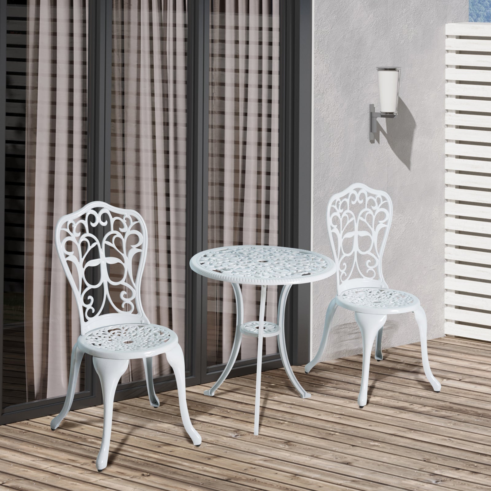 3 Pieces Antique Garden Bistro Set for 2, Cast Aluminium Garden Furniture Set with Umbrella Hole, White