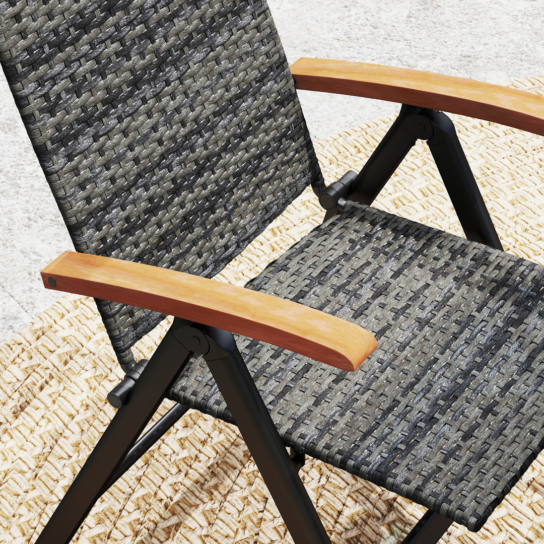 Folding Rattan Garden Dining Chair with 5-level Reclining High Back, Wood Armrests for Outdoor, Patio - Mixed-grey