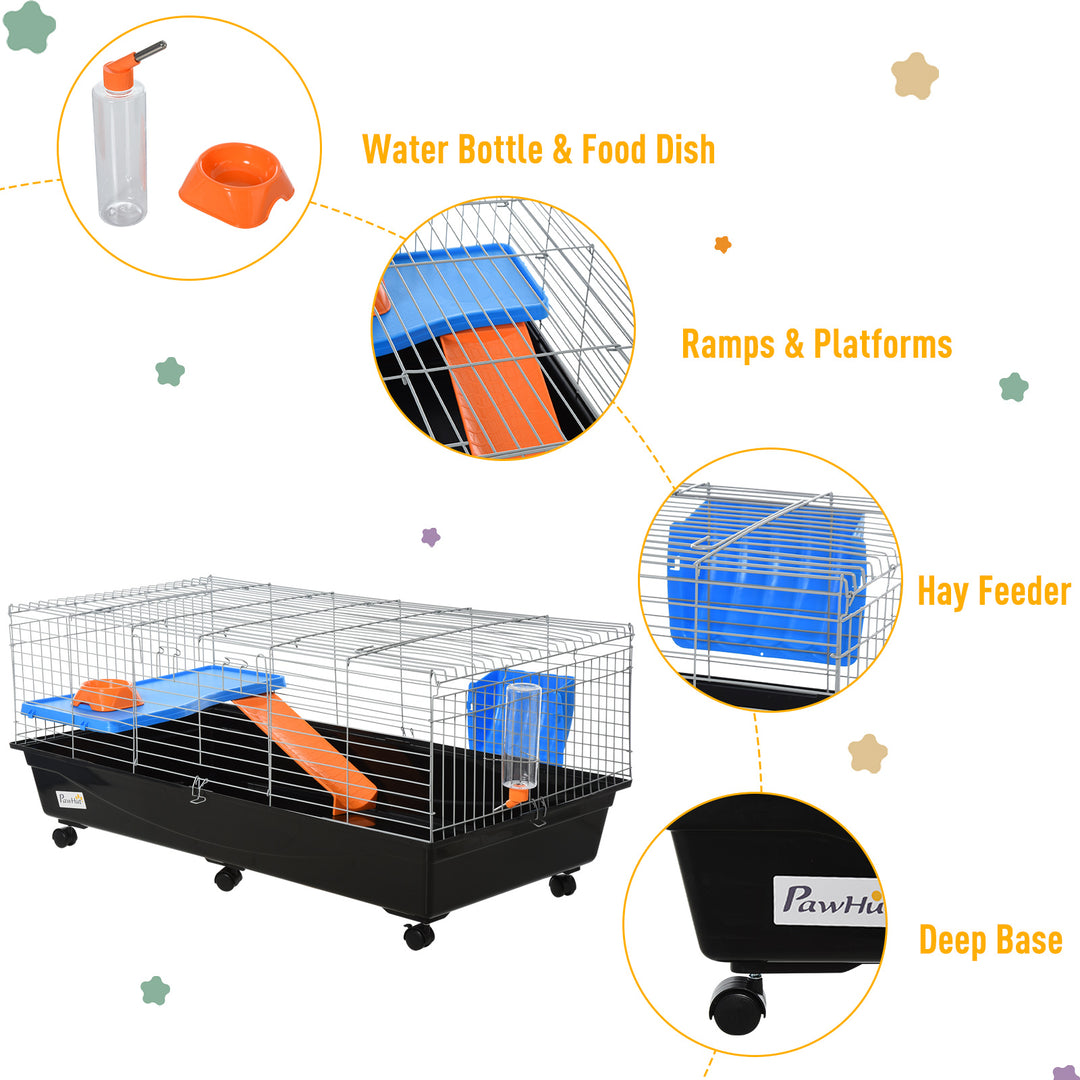 PawHut Steel Medium 2-Tier Small Guinea Pigs Hutches w/ Accessories Blue/Orange