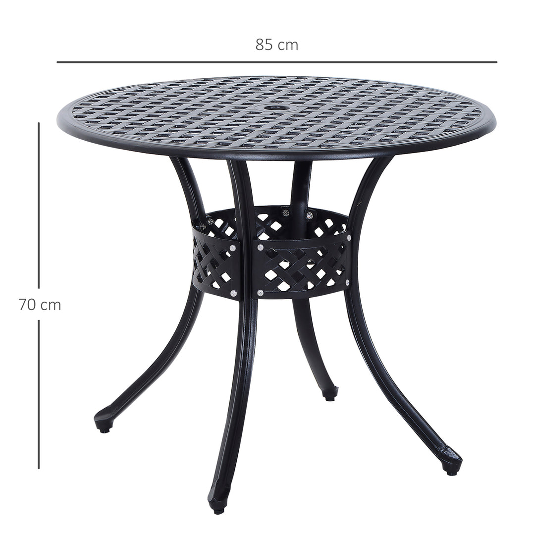 85cm Round Garden Table with Umbrella Hole, Aluminium Grid Motif Outdoor Dining Table for Garden Patio, Black