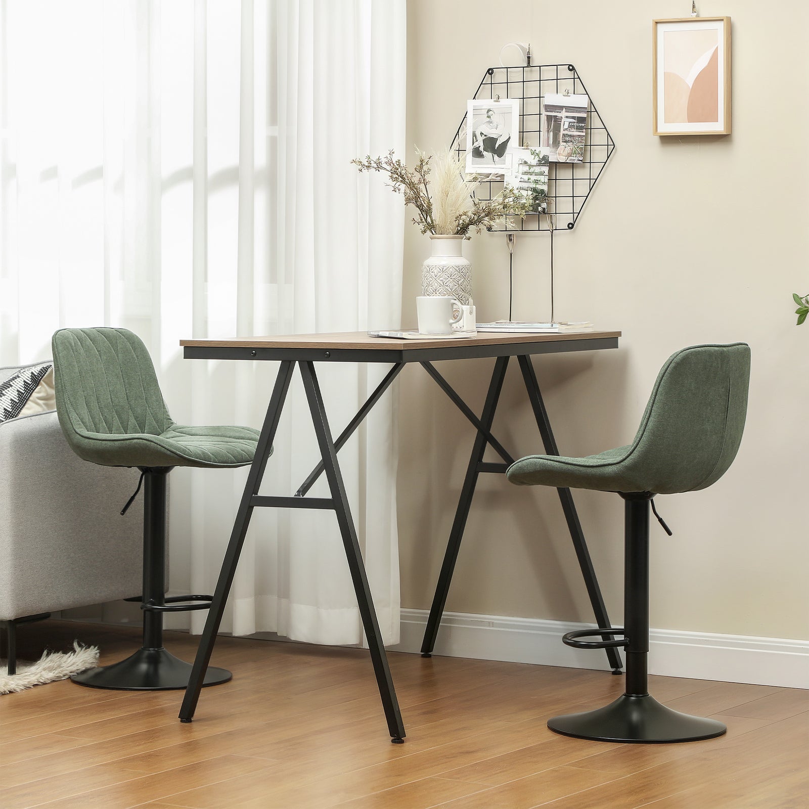 Set of Two Linen-Look Bar Stools - Green