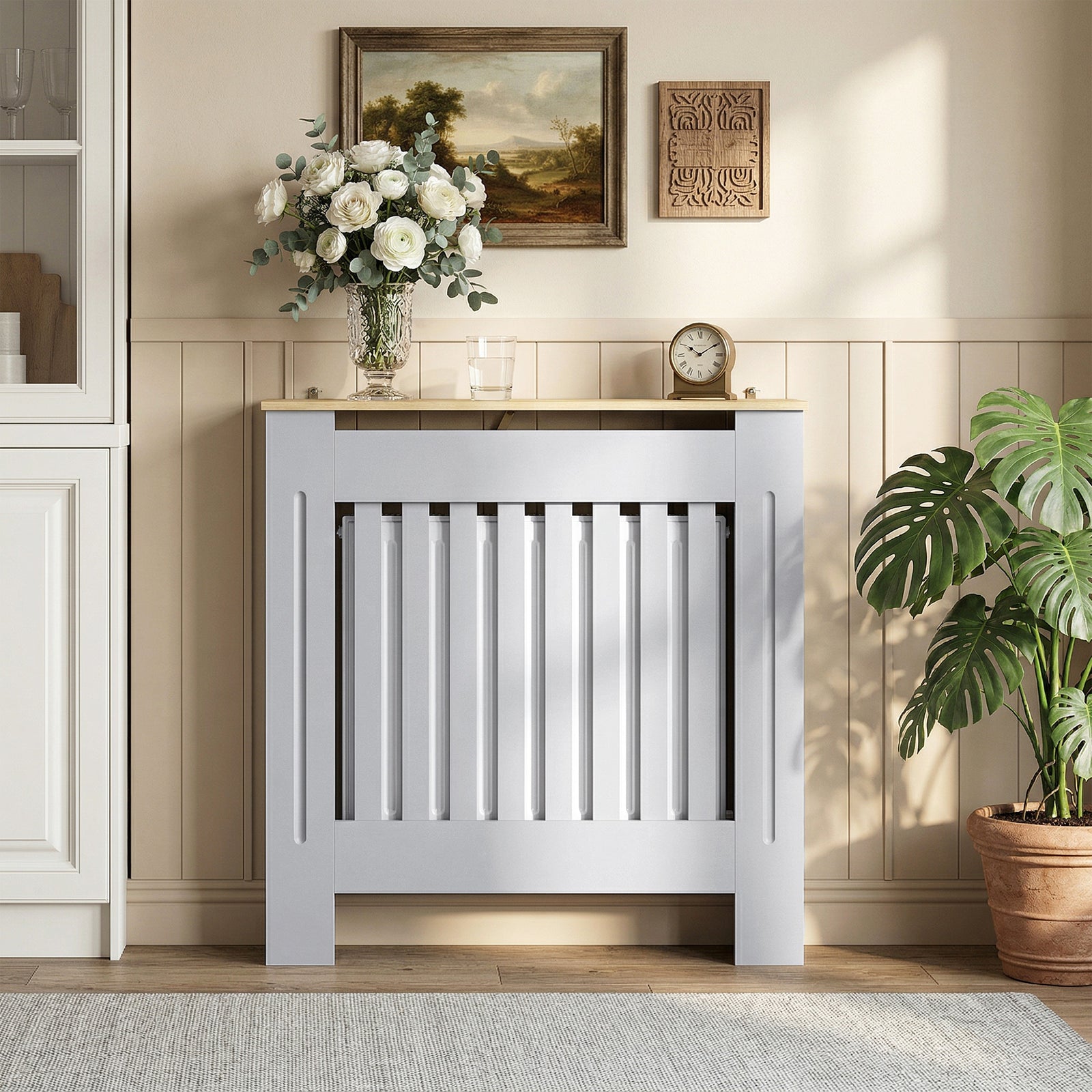 Heater Cover, Radiator Cover Slatted Painted MDF Lined Grill Grey, 78L