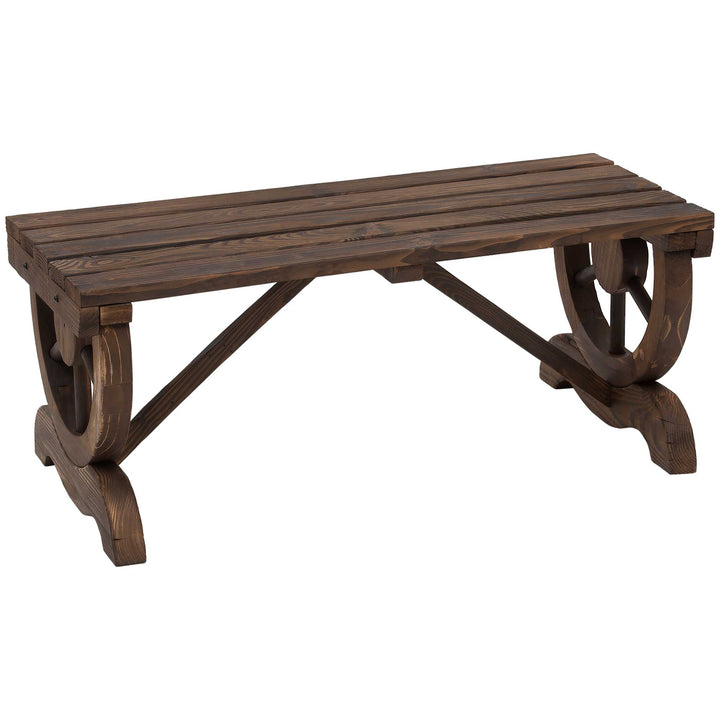 Garden Rustic Wooden Bench Wheel-Shaped Legs Slatted Seat Stable Reinforced Structure Outdoor Patio Garden 2-Person Bench Seat - Brown
