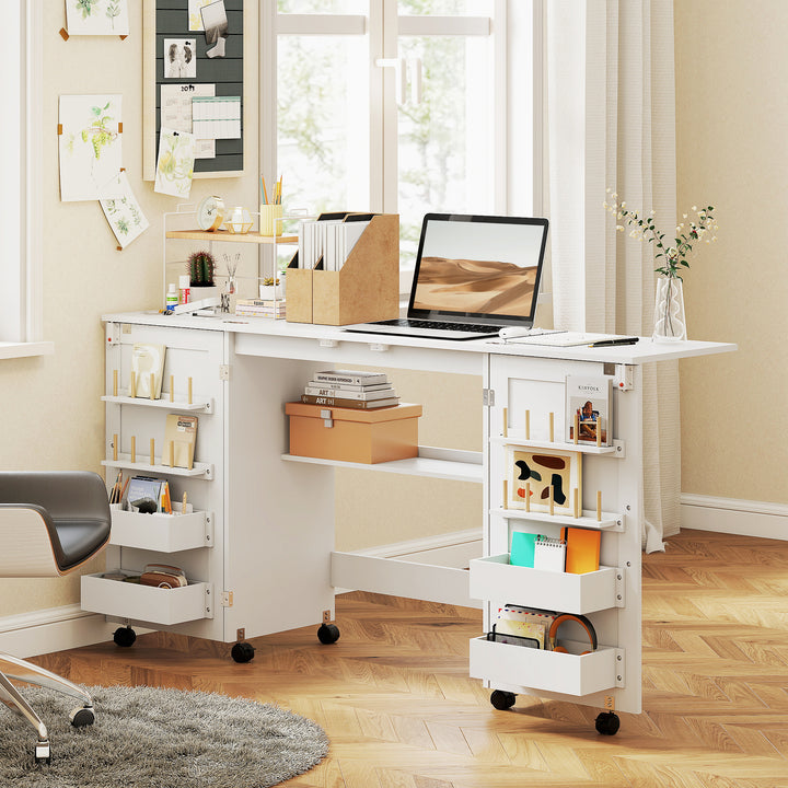 Folding Sewing Table with 2 Magnetic Doors, Storage Shelf, Lockable Wh