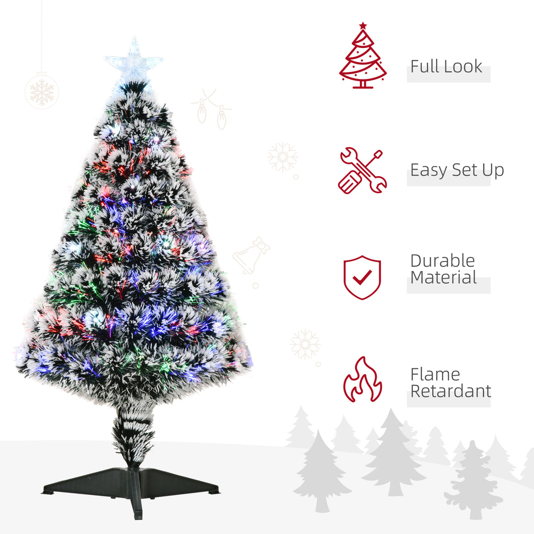 MCL 3ft Artificial Prelit Christmas Tree, Snow Xmas Tree with Colourful LED Lighting Fiber Optics, Green White