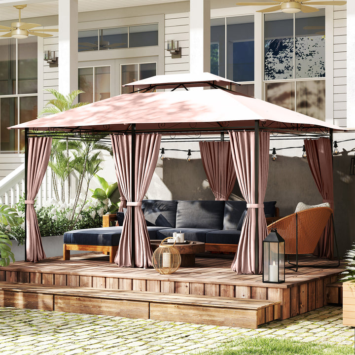 4m x 3(m)Garden Gazebo, Double Roof Outdoor Gazebo Canopy Shelter with Curtains, Solid Steel Frame for Patio, Garden, Brown