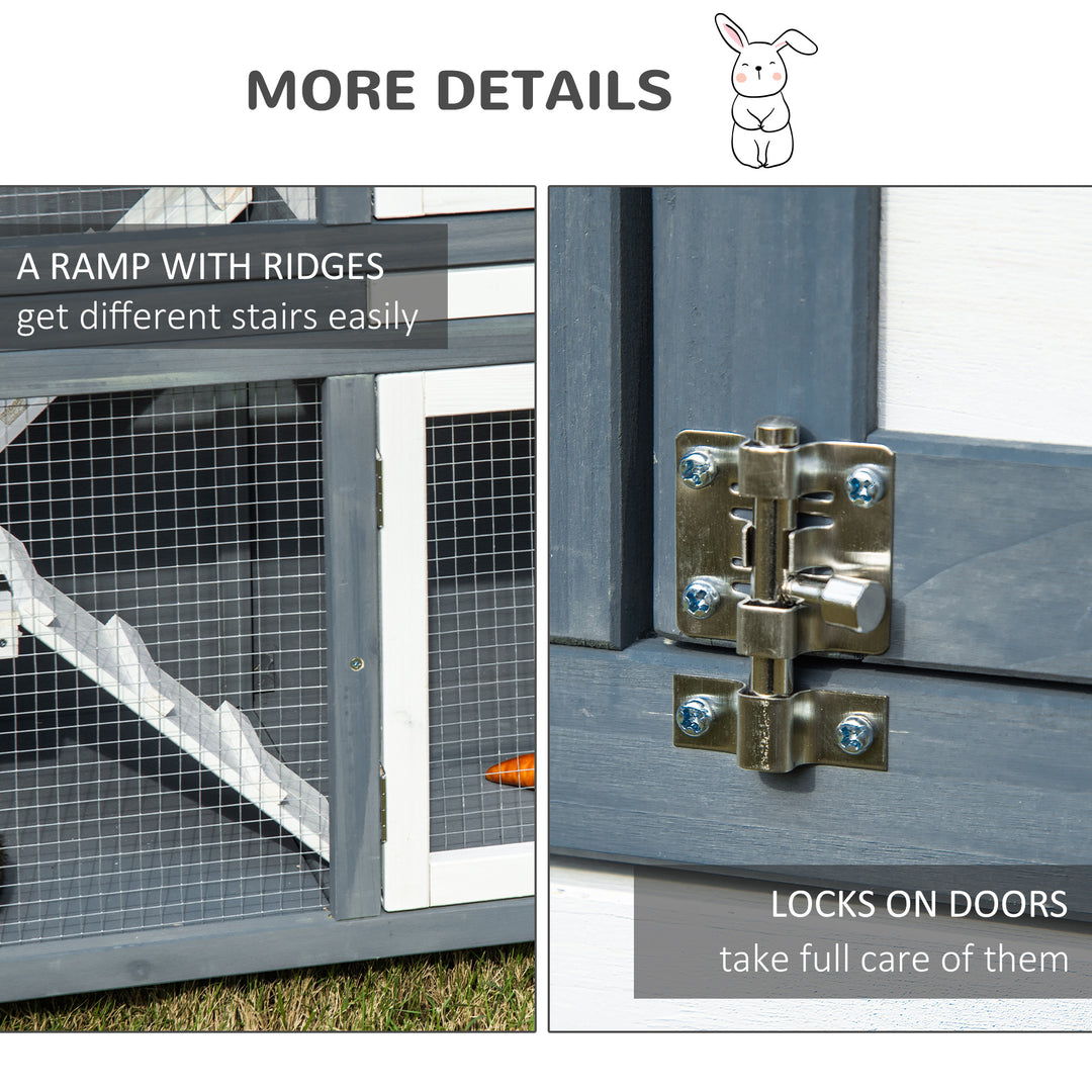 PawHut Two-Tier Wooden Rabbit Hutch Guinea Pig Cage w/ Openable Roof, Slide-Out Tray, Ramp - Grey