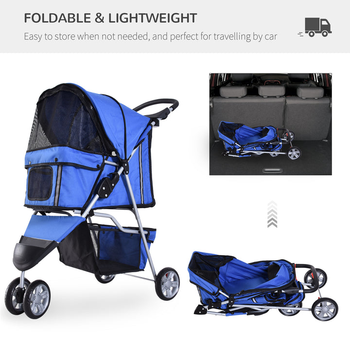 PawHut Dog Stroller, Miniature Dog and Cat Pushchair with Cover, Cup Holder, Storage, Reflective Safety Strips, Blue | Aosom UK