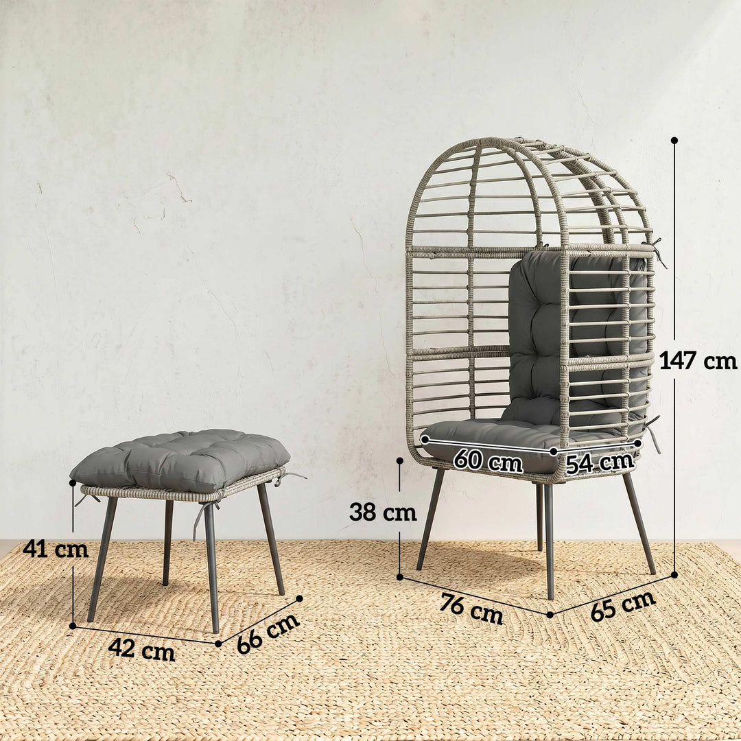 Garden Egg Chair with Footstool, Rattan Indoor Outdoor Lounge Chair an