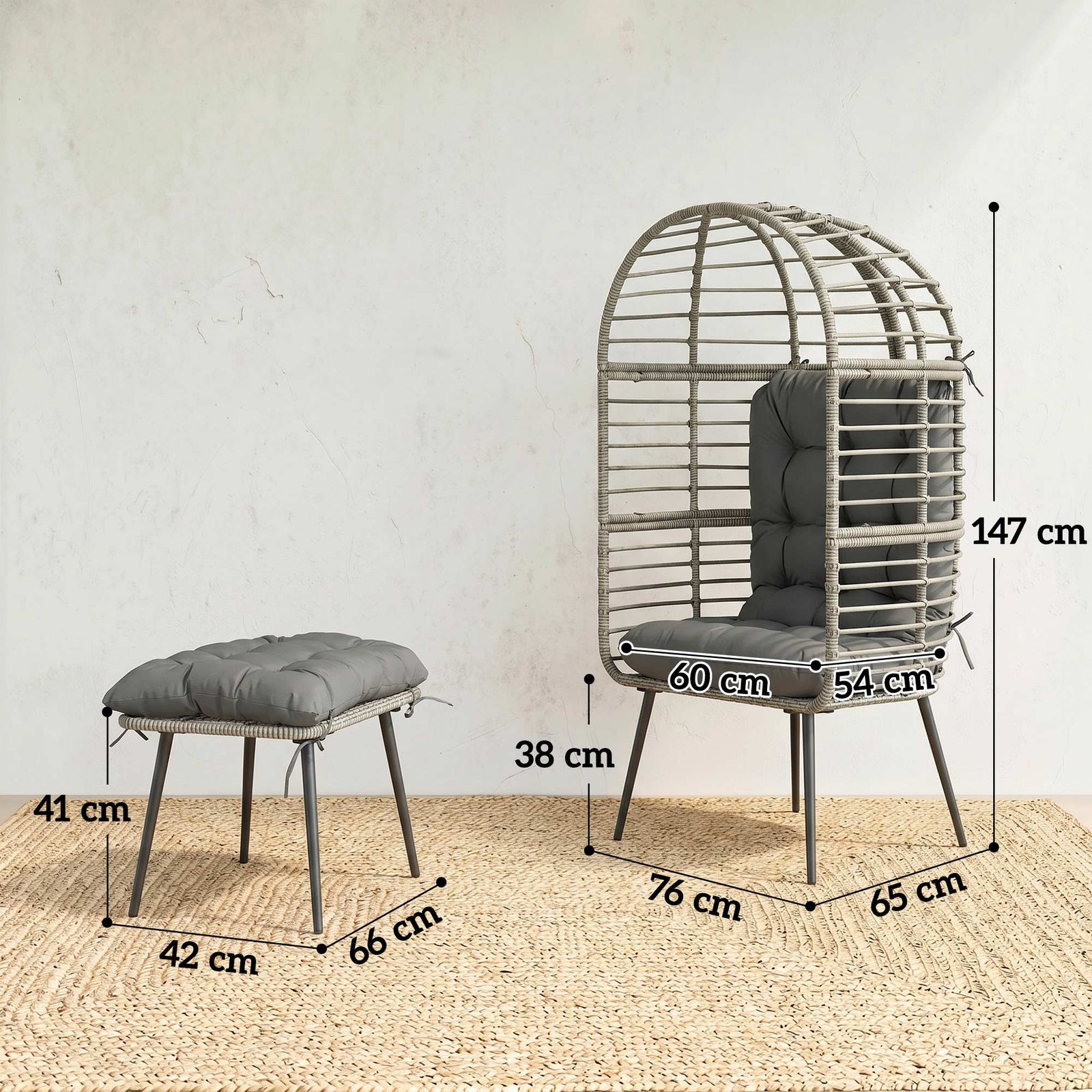 Garden Egg Chair with Footstool, Rattan Indoor Outdoor Lounge Chair an