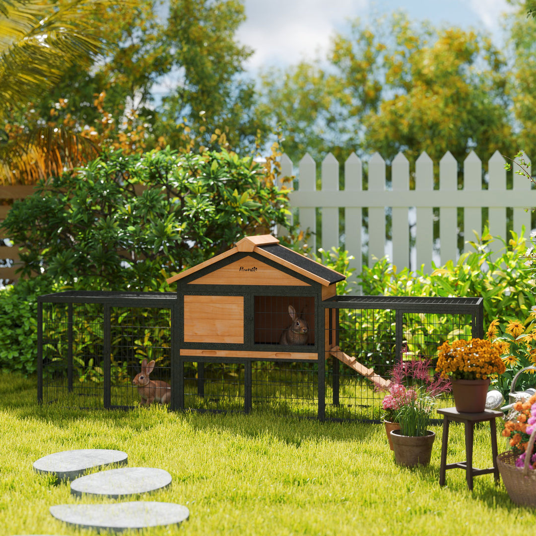 Wooden Rabbit Hutch Outdoor with Steel Run, Wooden Guinea Pig Cage with Removable Plastic Tray, Asphalt Roof, Ramp