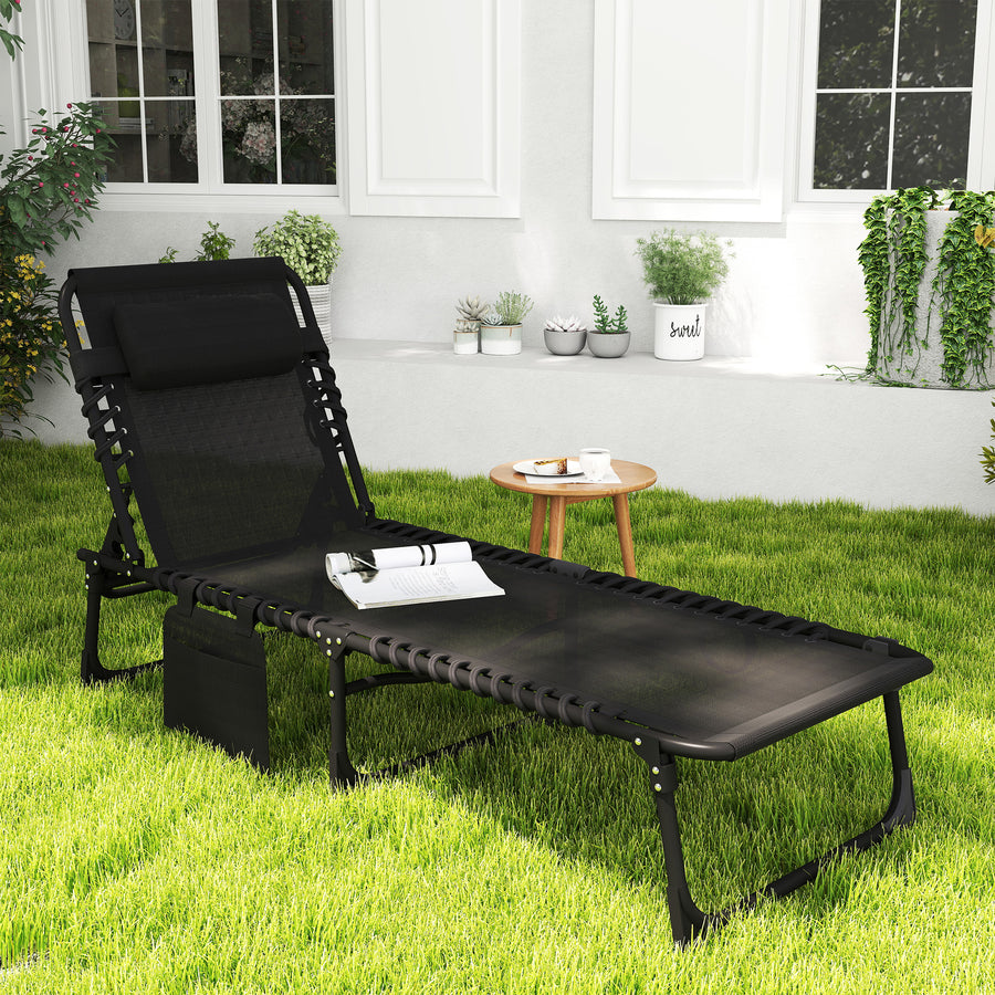 Portable Sun Lounger, Folding Camping Bed Cot, Reclining Lounge Chair 5-position Adjustable Backrest with Side Pocket, Pillow for Patio Garden Beach Pool, Black