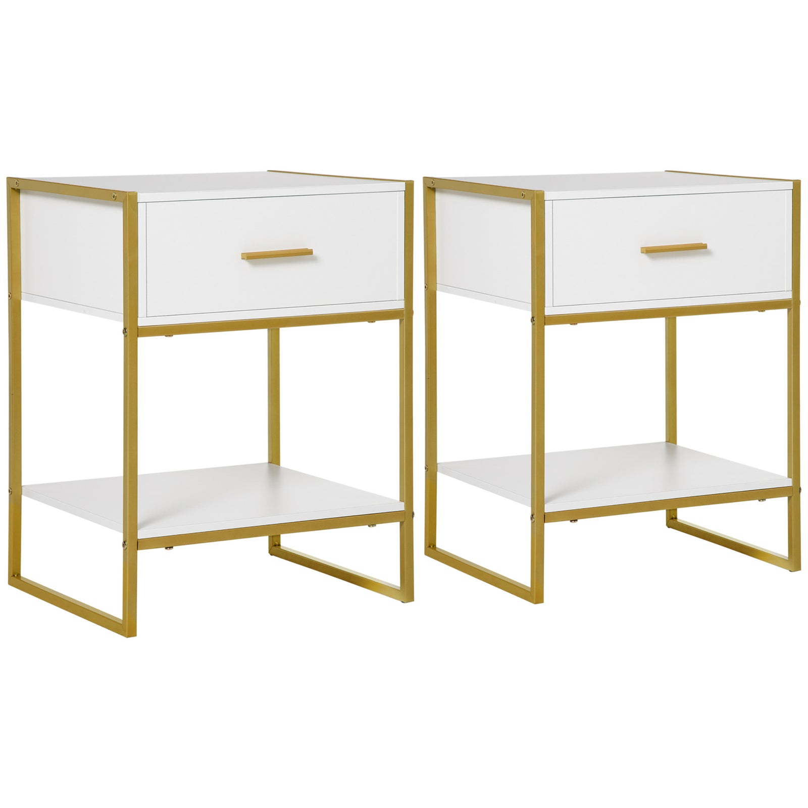 Bedside Table Set of 2, Modern Side Tables with Drawer and Shelf, Nightstands for Bedroom, White