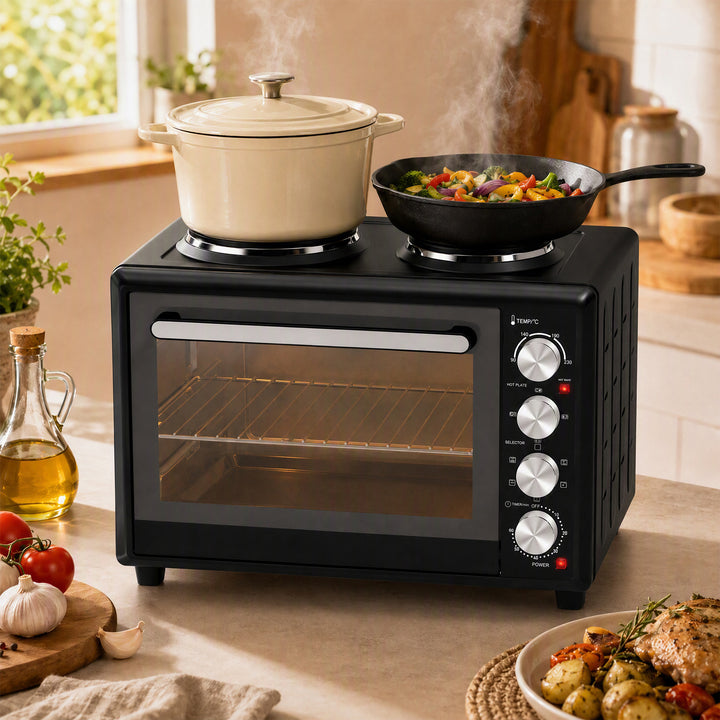 36L Mini Oven with Dual Hot Plates, Electric Countertop Cooker with Co