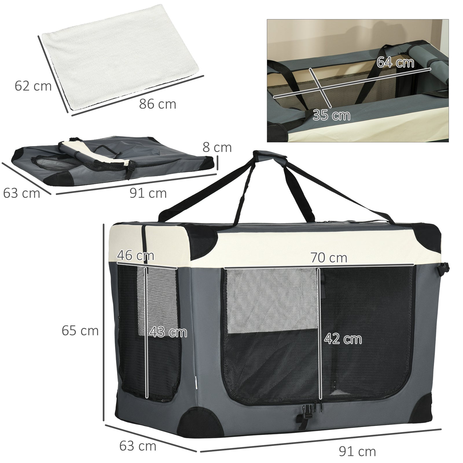 91cm Foldable Pet Carrier, with Cushion, for Large Dogs and Cats - Gre