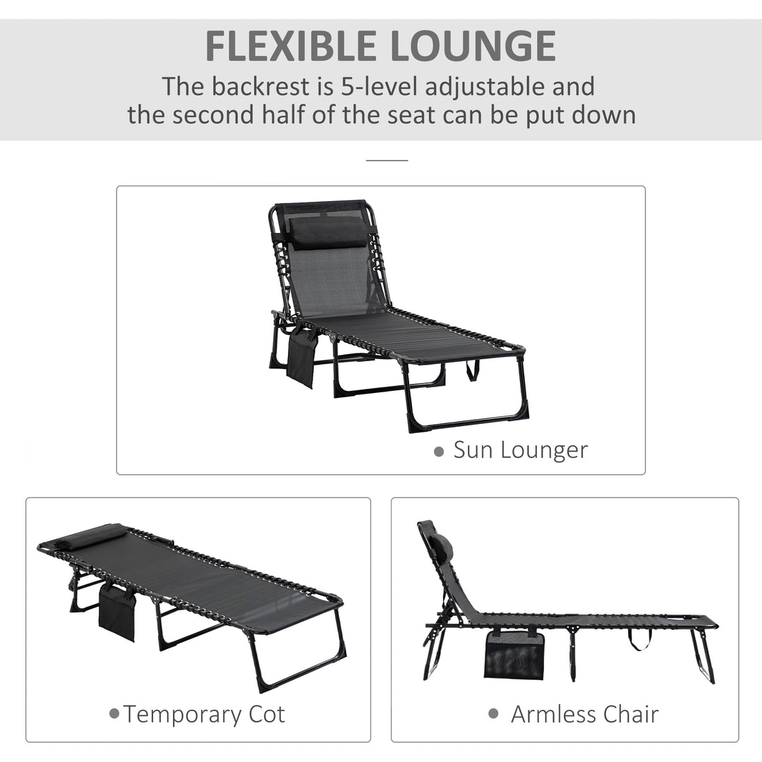 Portable Sun Lounger, Folding Camping Bed Cot, Reclining Lounge Chair 5-position Adjustable Backrest with Side Pocket, Pillow for Patio Garden Beach Pool, Black
