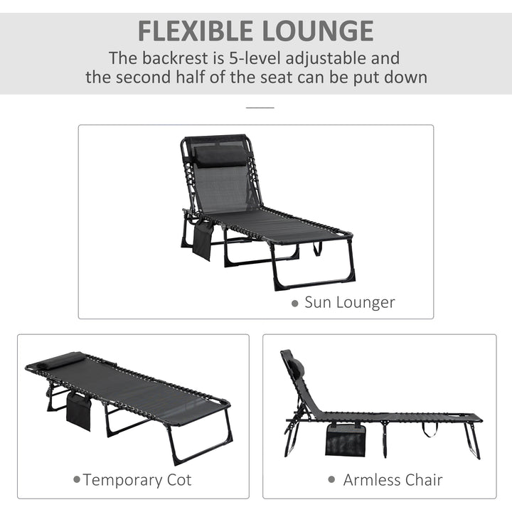 Portable Sun Lounger, Folding Camping Bed Cot, Reclining Lounge Chair 5-position Adjustable Backrest with Side Pocket, Pillow for Patio Garden Beach Pool, Black