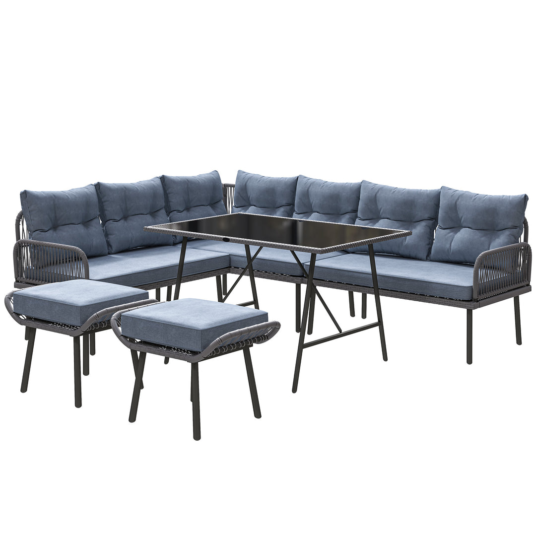 6 Piece Rattan Garden Furniture Set, 8 Seater Garden Corner Sofa with Cushions and Glass Top Table, Sectional Outdoor Furniture Conservatory Set for Patio, Charcoal Grey