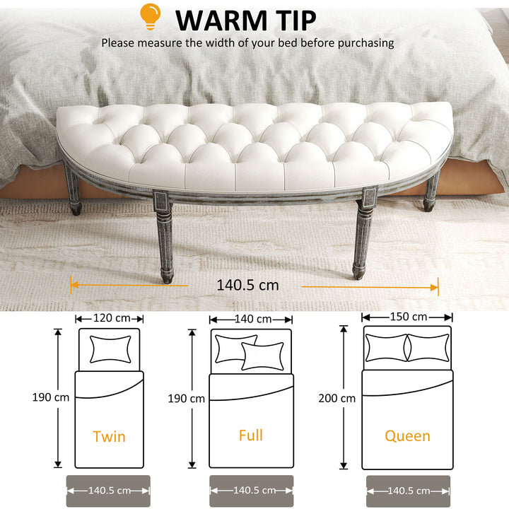 Half-Circle End Bench Ottoman Footstool Tufting Padded Seat Brushed Wood Base Antique Accents Home Seat Furniture Cream White and Light Wood Grain Leg