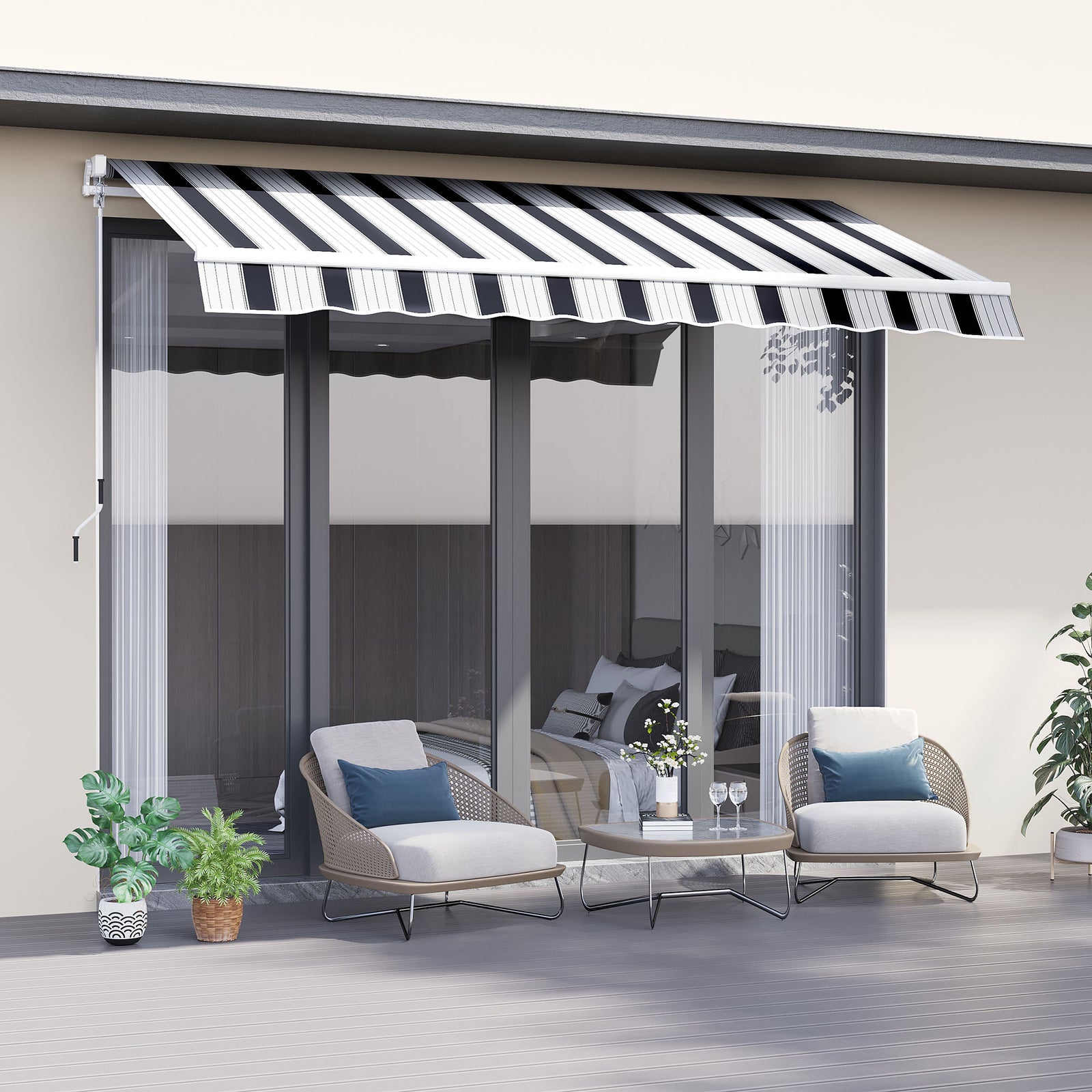 Manual Retractable Awning, 2.5x2 m-Dark Blue/White Stripes