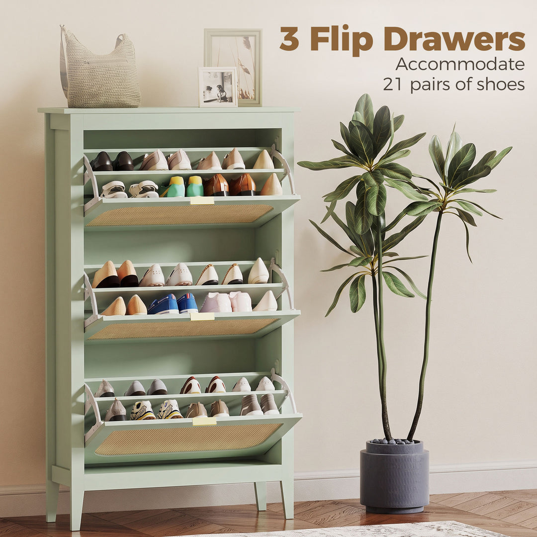 Narrow Shoe Cabinet, Boho Slim Shoe Storage Cabinet with 3 Flip Drawer