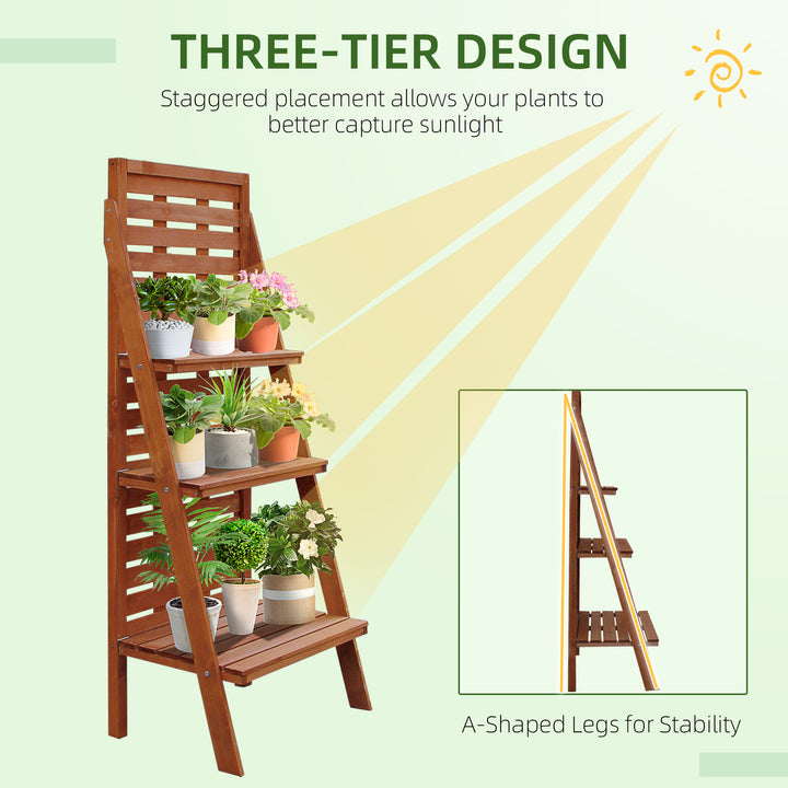 Outsunny Solid Wood Three-Tier Plant Rack Outdoor Organiser Unit Flower Herb Stand Ladder Design Storage Holder