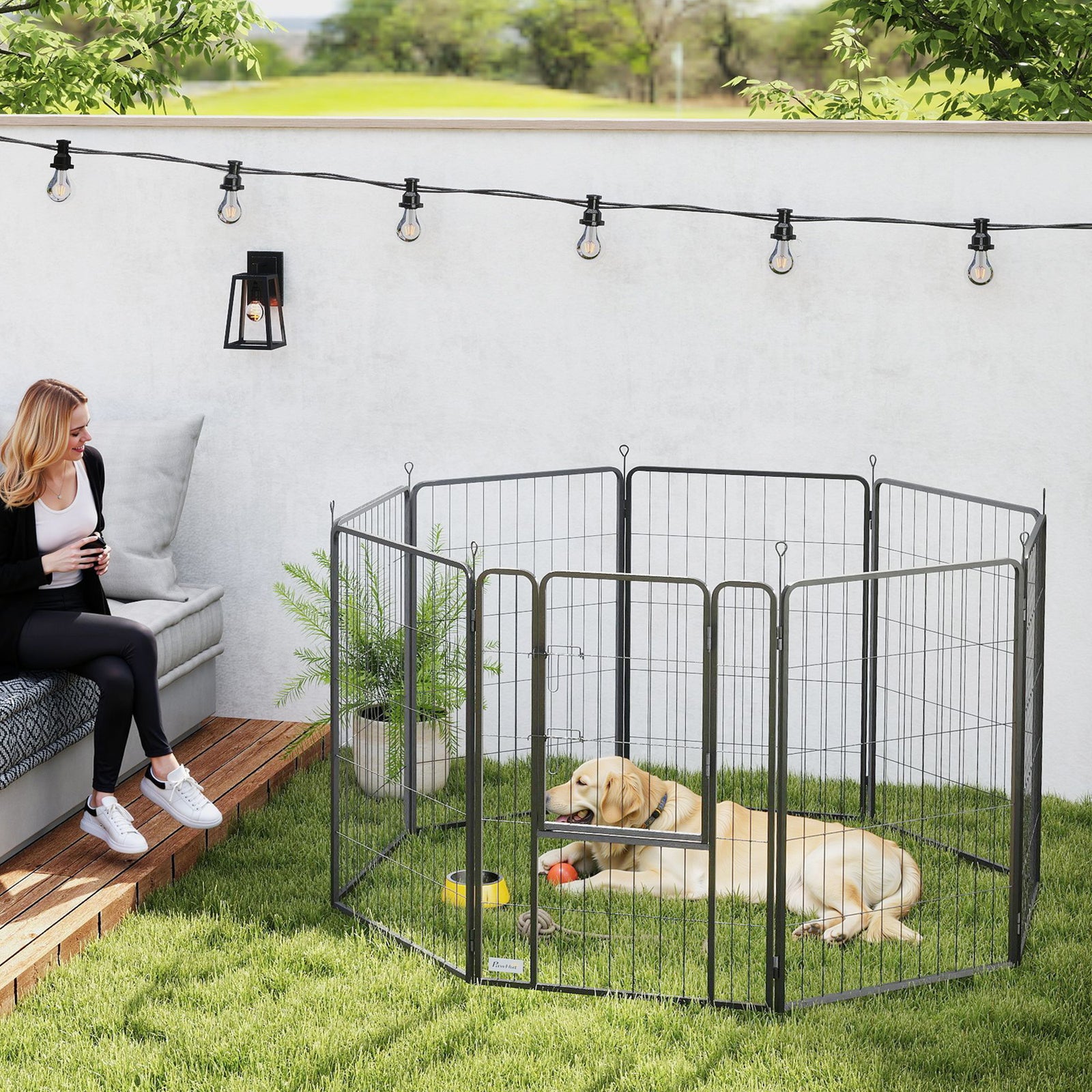 Eight-Panel Dog Playpen with Door, for Large Dogs, Indoors, Outdoors, 100cm Tall, Black