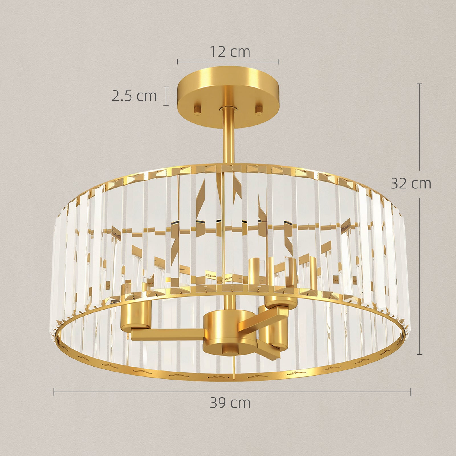 Crystal Ceiling Light Fixture, 39 cm Semi Flush Mount Modern Crystal C