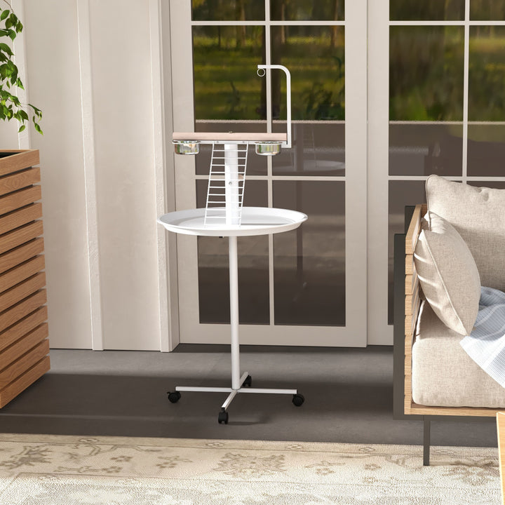 Bird Stand with Four Wheels, Perches, Stainless Steel Feed Bowls, Round Tray, for Garden, Indoor, Outdoor - White