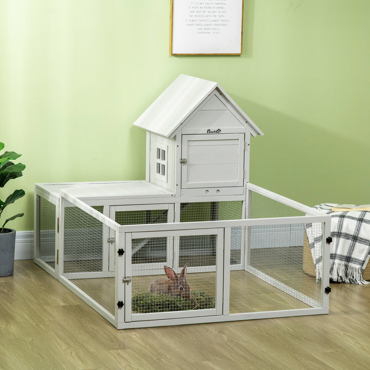 PawHut Wooden Rabbit Hutch with Extra Fenced Area, Large Guinea Pig Cage, Small Animal House for Indoor with Slide