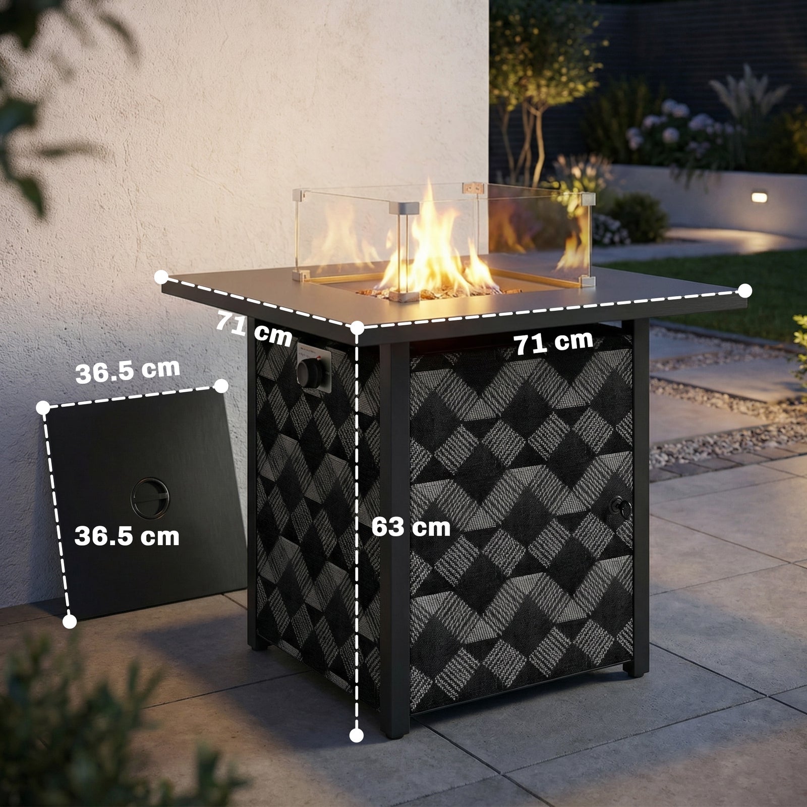 Square Propane Gas Fire Pit Table, 12 KW Firepit with Glass Wind Guard