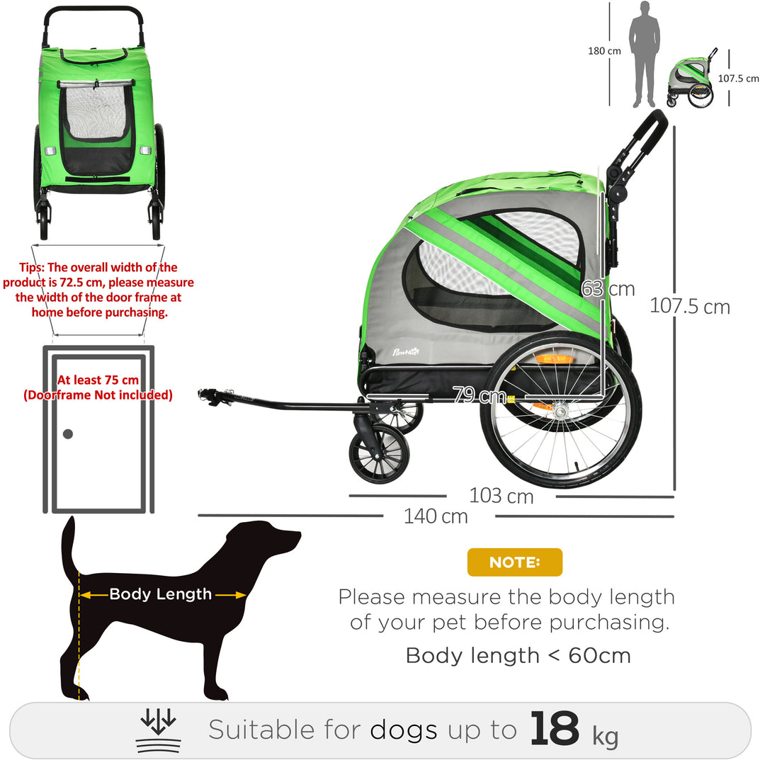 PawHut 2-in-1 Dog Bike Trailer & Pet Stroller, Steel Frame Bicycle Carrier with Universal Wheel, Reflectors & Flag, Green | Aosom UK