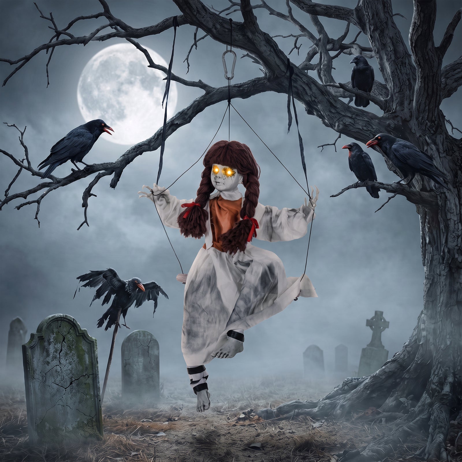 80 cm Halloween Animated Hanging Creepy Girl on Swing Decoration, Kick