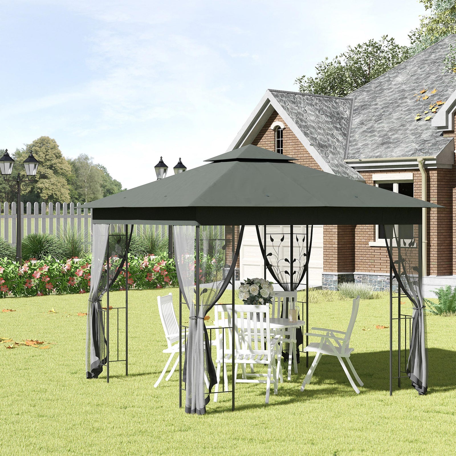 3 x 3(m) Steel Frame Double Roof Garden Gazebo - Grey
