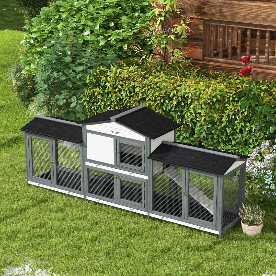 2-Tier Large Rabbit Hutch Outdoor with Double Side Run Boxes, No-leak Plastic Tray, Ramp, 230 x 53 x 93.5cm, Light Grey
